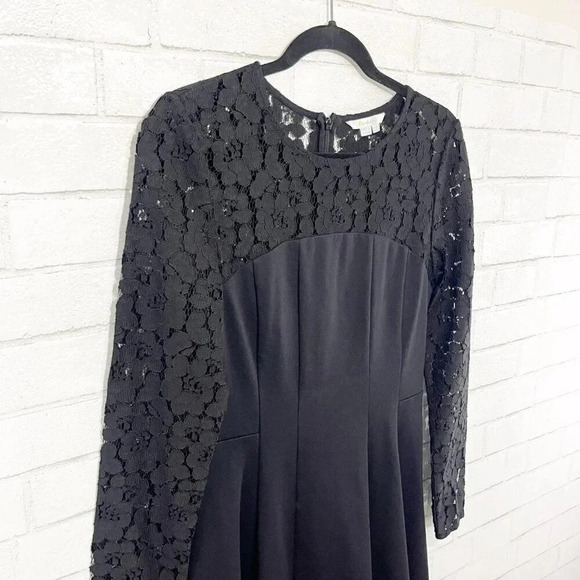 Boden Black Fit and Flare Midi Dress with Lace Sleeves Women's US Size 6 Regular - Picture 2 of 10